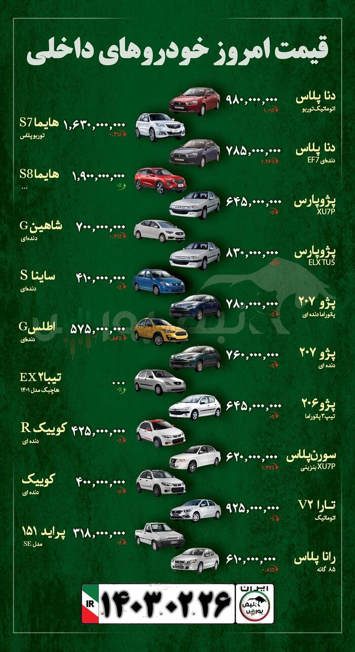 قیمت خودرو ۲۶ اردیبهشت ماه ۱۴۰۳ + عکس