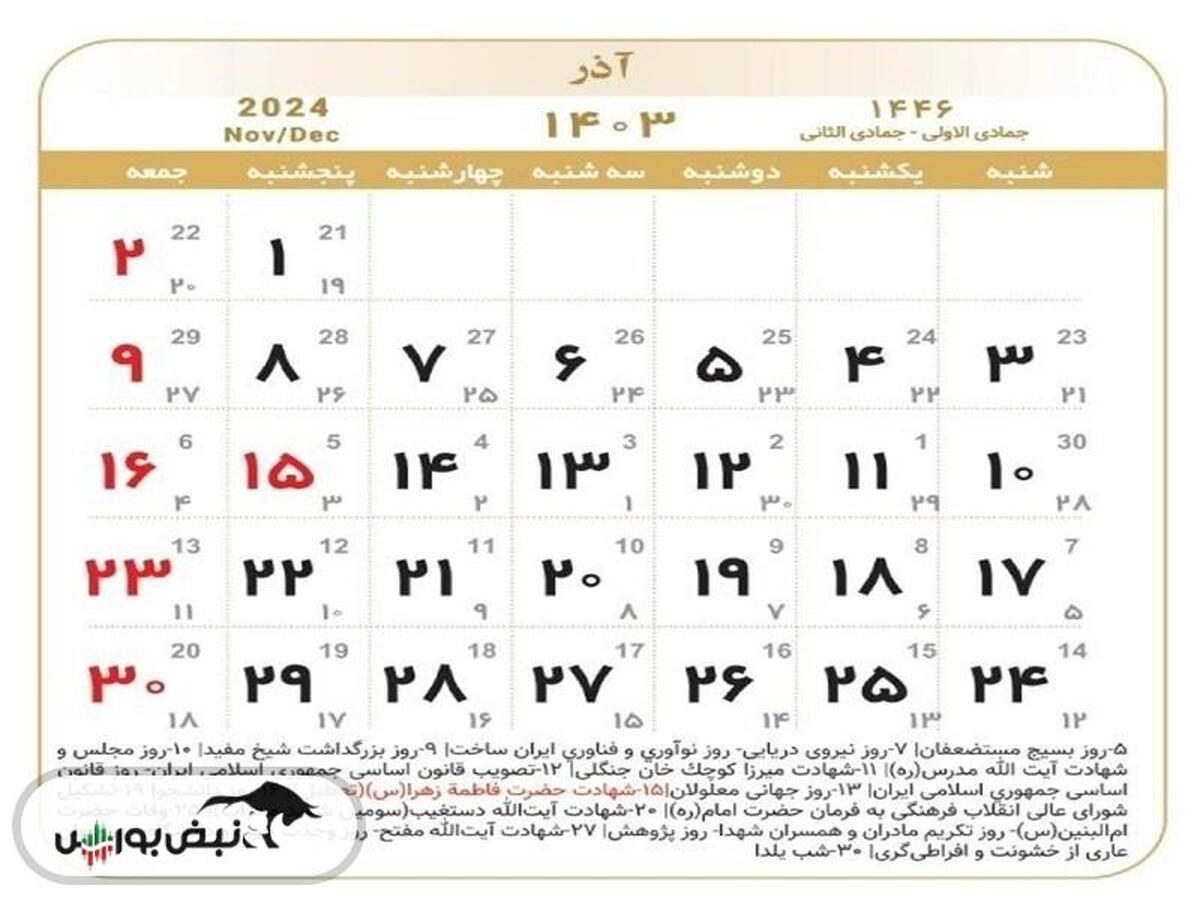 تقویم آذر ۱۴۰۳ | مناسبت ها و تعطیلات آذر