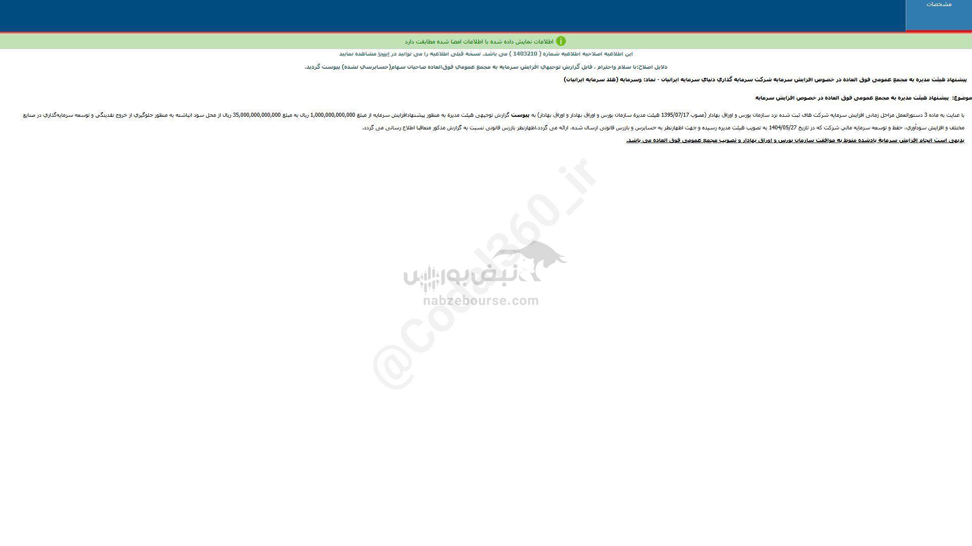 وسرمایه پیشنهاد افزایش سرمایه داد