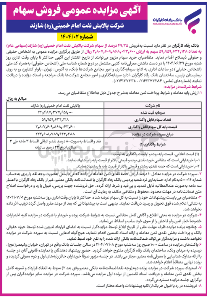 بانک رفاه برنامه فروش سهام دارد