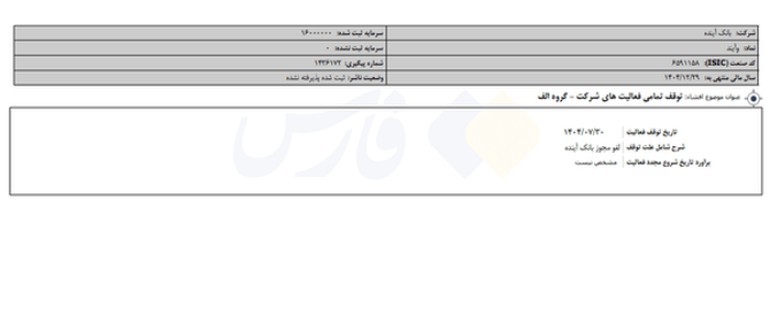نماد بانک آینده در بورس رسما متوقف شد