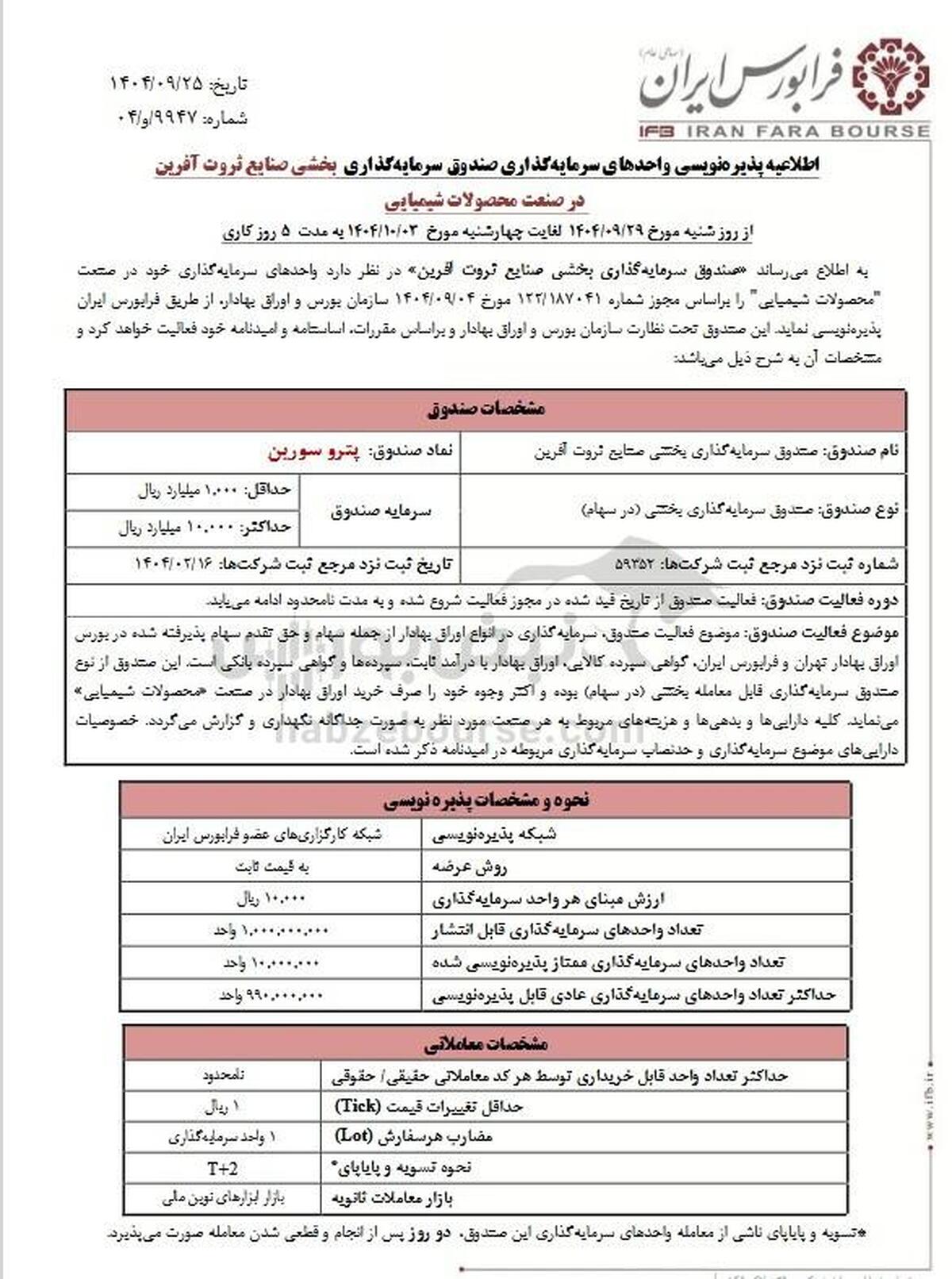 جزییات پذیره‌نویسی صندوق بخشی پترو سورین در فرابورس