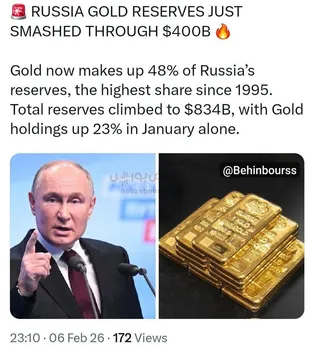 عبور ذخایر طلا روسیه به مرز ۴۰۰ میلیارد