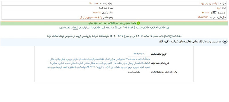توقف نماد اروند به علت افشاي اطلاعات گروه الف