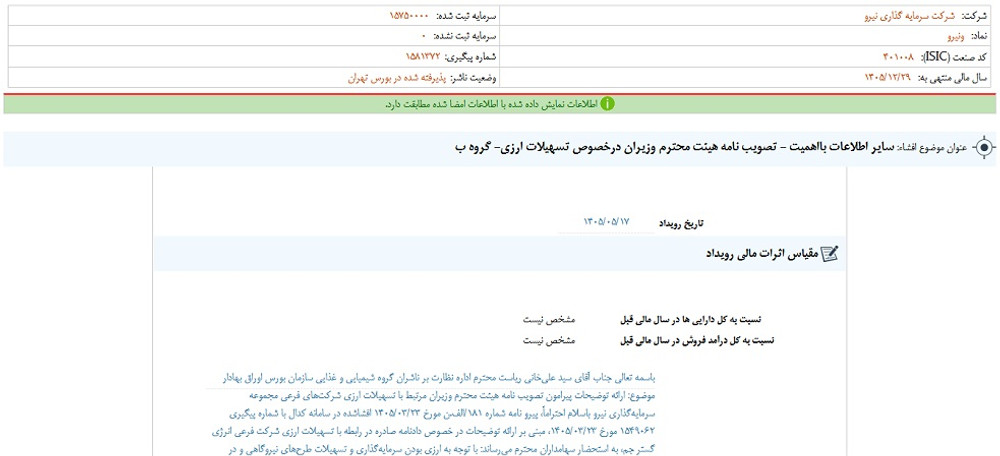 توقف نماد ونیرو به علت افشای اطلاعات گروه ب
