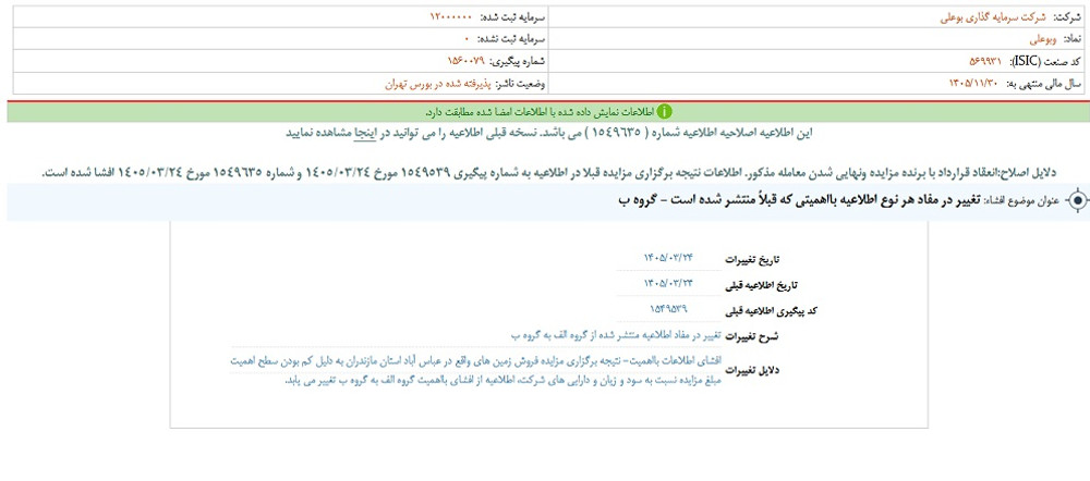 توقف نماد وبوعلی به دلیل افشاي اطلاعات بااهمیت
