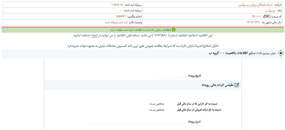 توقف نماد پرسپولیس به علت افشای اطلاعات گروه ب