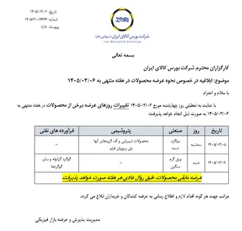 ابلاغیه بورس کالای ایران در خصوص نحوه عرضه محصولات در هفته منتهی به ۶ خرداد