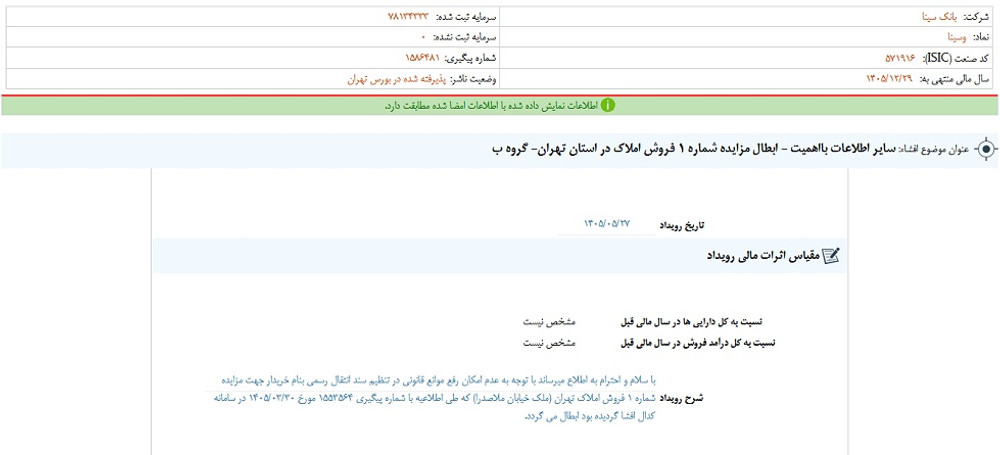افشای اطلاعات گروه ب، توقف نماد وسینا