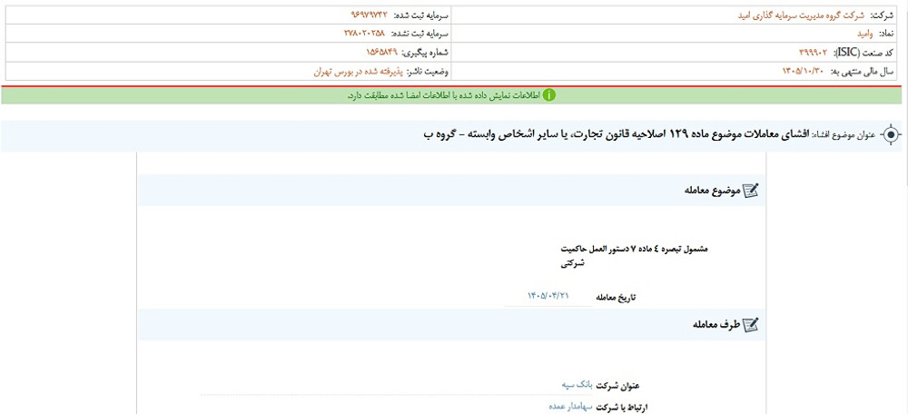 توقف نماد وامید به علت افشای اطلاعات گروه ب