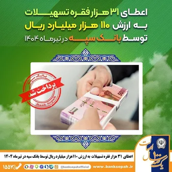 اعطای ۳۱ هزار فقره تسهیلات به ارزش ۱۱۰ هزار میلیارد ریال توسط بانک سپه در تیرماه